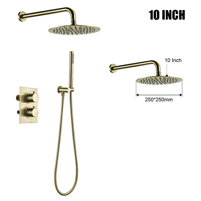 Brushed Gold  Thermostatic Mixer Diverter Set Bath Bathroom Shower Head Rianfall Luxury Combo Faucet Wall Mount Arm