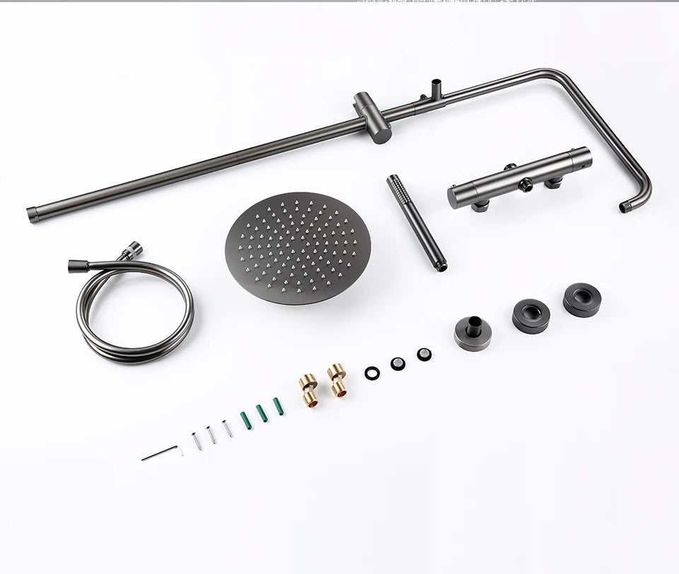 Wall-Mounted Thermostatic Valve System Bagnolux Brushed Gray Brass Rain Faucet  8 - 12" Top Spray Head Bathroom Shower Set