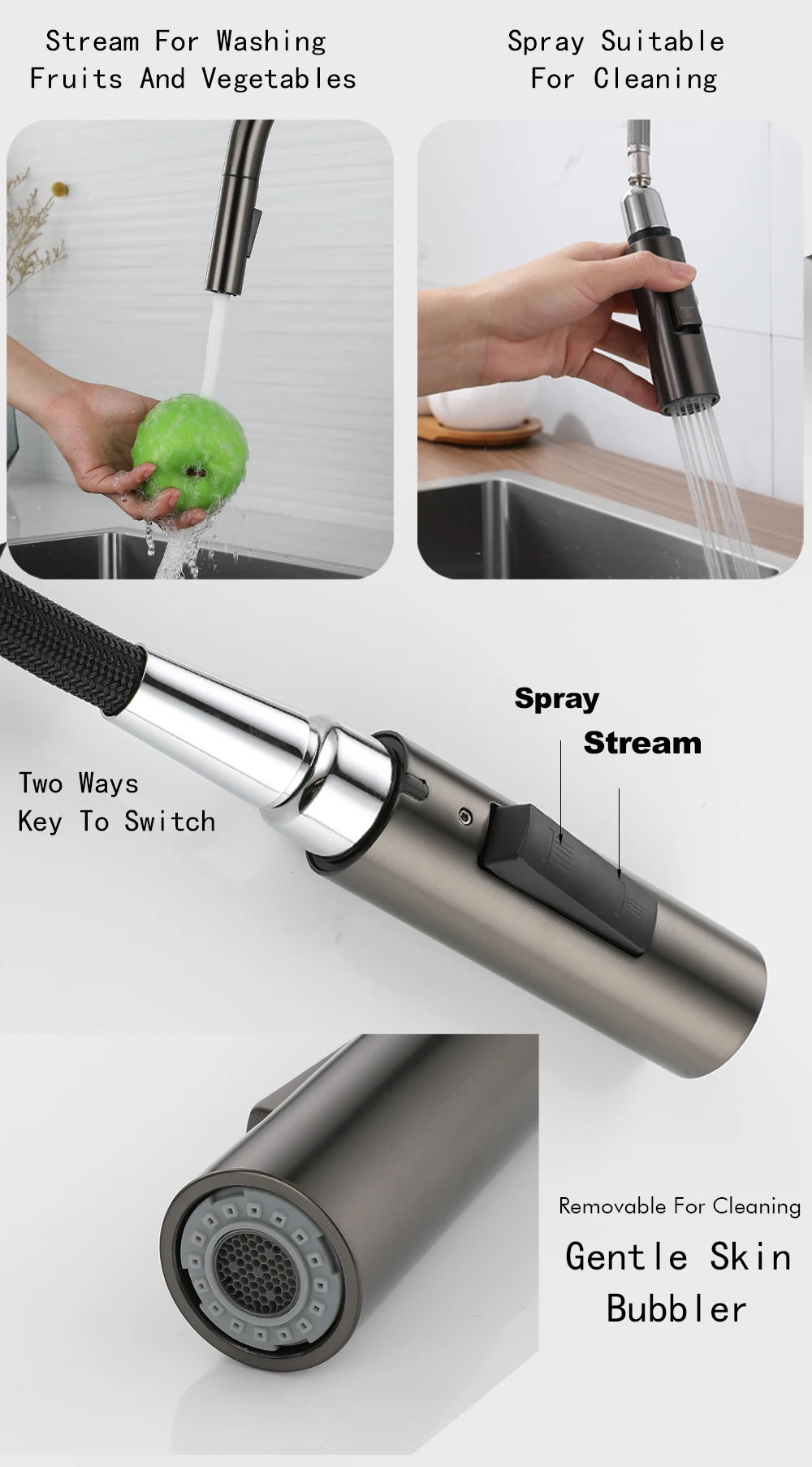 Deck Mounted Kitchen Faucet Pull Out Mixer Tap Bagnolux Gun Gray Brass Two Function Single Handle Hot and Cold Water Crane