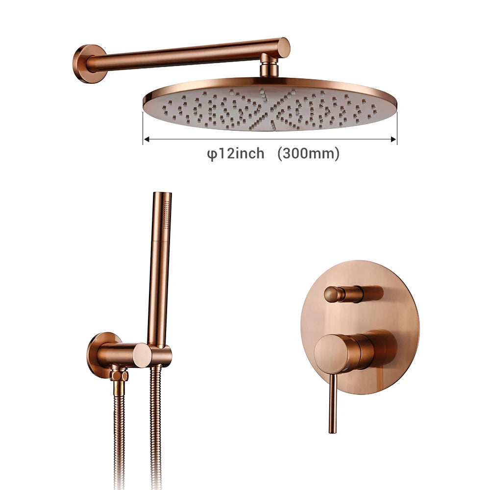 Brushed Rose Gold Shower Sets Brass Hot Cold Bathroom Faucet Mixer Tap Wall Mount Arm With Diverter, Handheld, Rian Shower Head