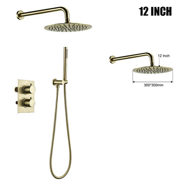 Brushed Gold  Thermostatic Mixer Diverter Set Bath Bathroom Shower Head Rianfall Luxury Combo Faucet Wall Mount Arm