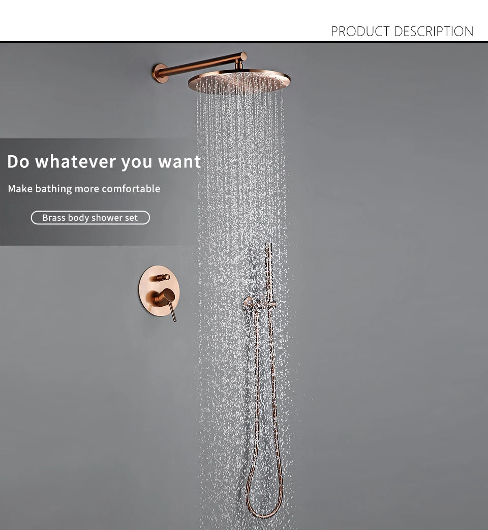 Brushed Rose Gold Shower Sets Brass Hot Cold Bathroom Faucet Mixer Tap Wall Mount Arm With Diverter, Handheld, Rian Shower Head