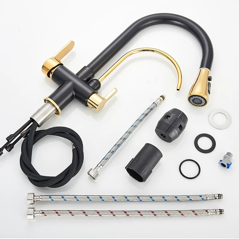 Black Gold Filter Kitchen Faucets Pure Water Rotatable Dual Spout Kitchen Faucet Dual Handles Filtered Mixer Tap For Kitchen