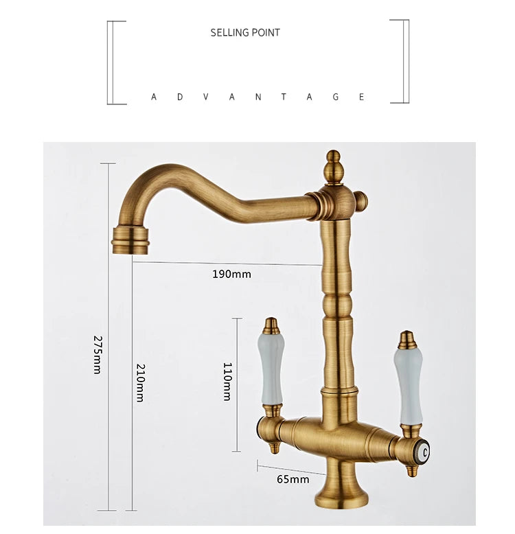 Faucet for Kitchen Dual Handle Antique Brass Retro Faucet 360 Degree Rotation Kitchen Sink Taps Deck Mounted Bathroom Sink Mixer