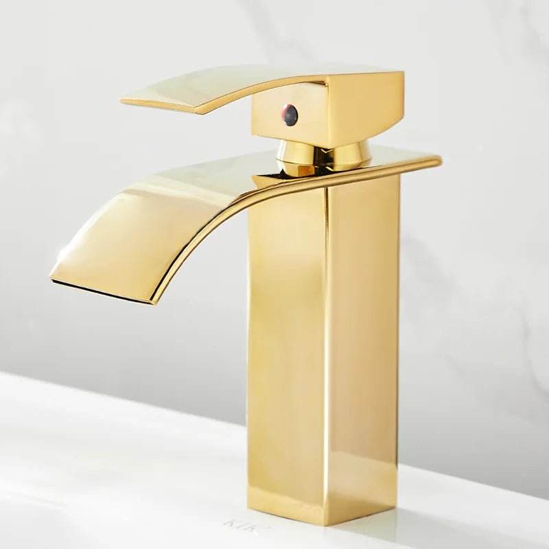 Basin Faucet Gold Waterfall Faucet Bathroom Faucet Deck Mounted Bathroom Toilet Basin Faucet Mixer Tap Hot and Cold Sink Faucet