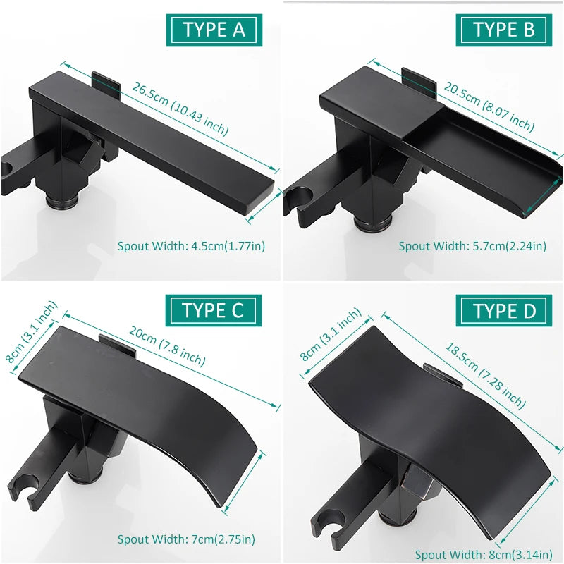 Quyanre Matte Black Square Bathtub Shower Faucets Floor Standing Faucet Hot Cold Water Shower Mixer Tap Bathroom Waterfall Mixer