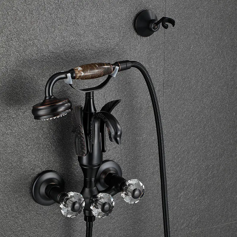 Luxury Golden Bathroom Swan Bathtub Faucet Wall Mounted Cold Hot Water Bath Shower Mixer Tap Brass Handshower Crystal handwheel