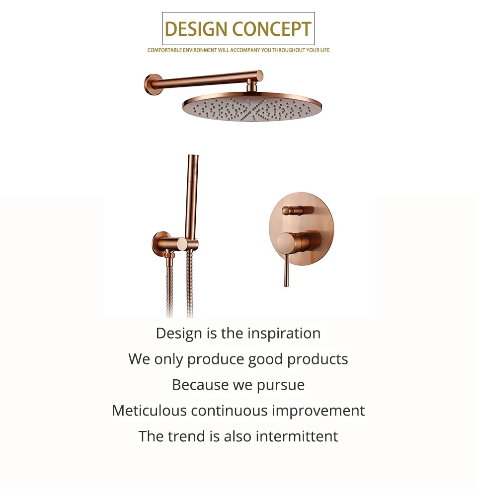 Shower Set Bath Brushed Rose Gold Rainfall Bathroom Faucet Brass Diverter Mixer Tap Hand Held 8-12" Head Wall Arm Valve Kit