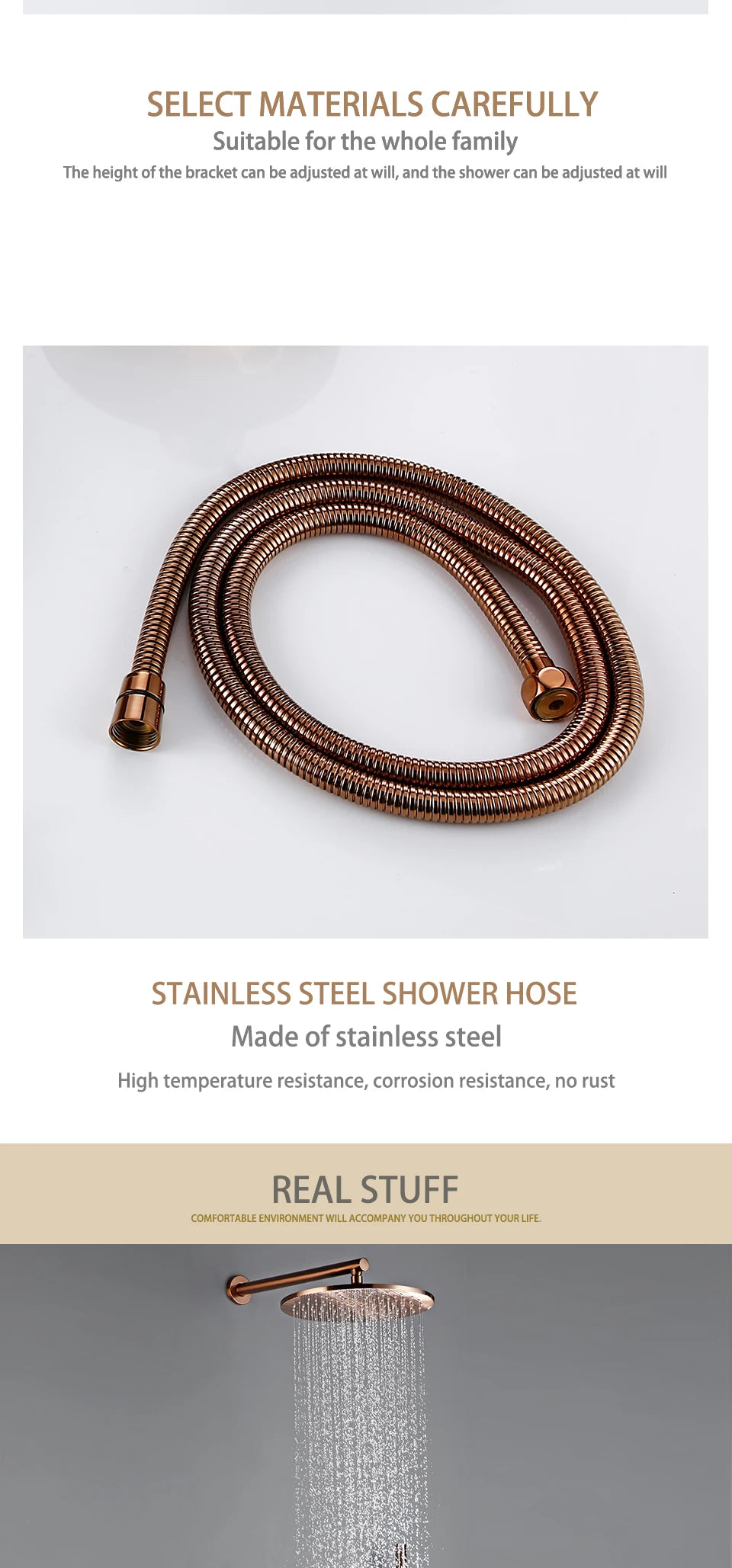 Shower Set Bath Brushed Rose Gold Rainfall Bathroom Faucet Brass Diverter Mixer Tap Hand Held 8-12" Head Wall Arm Valve Kit
