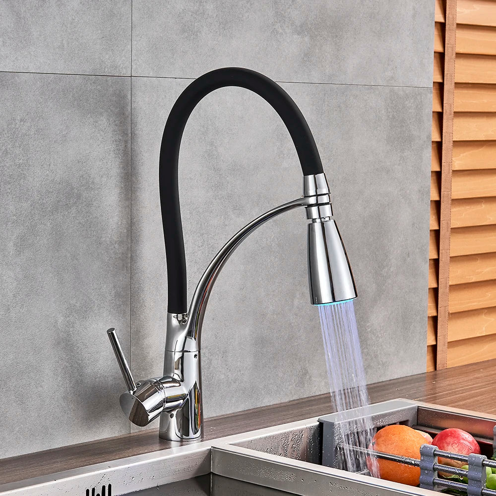 Black LED Kitchen Sink Faucet Swivel Pull Down Kitchen Faucet Sink Tap Mounted Deck Bathroom Mounted Hot and Cold Water Mixer
