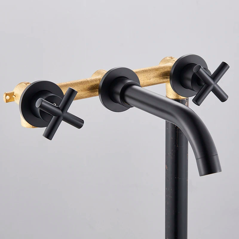 SHBSHAIMY Gold/Chrome Bathroom Basin Faucets Wall Mount Dual Handles Mixer Tap 360 Rotation Black Water Crane Tap Basin Mixer