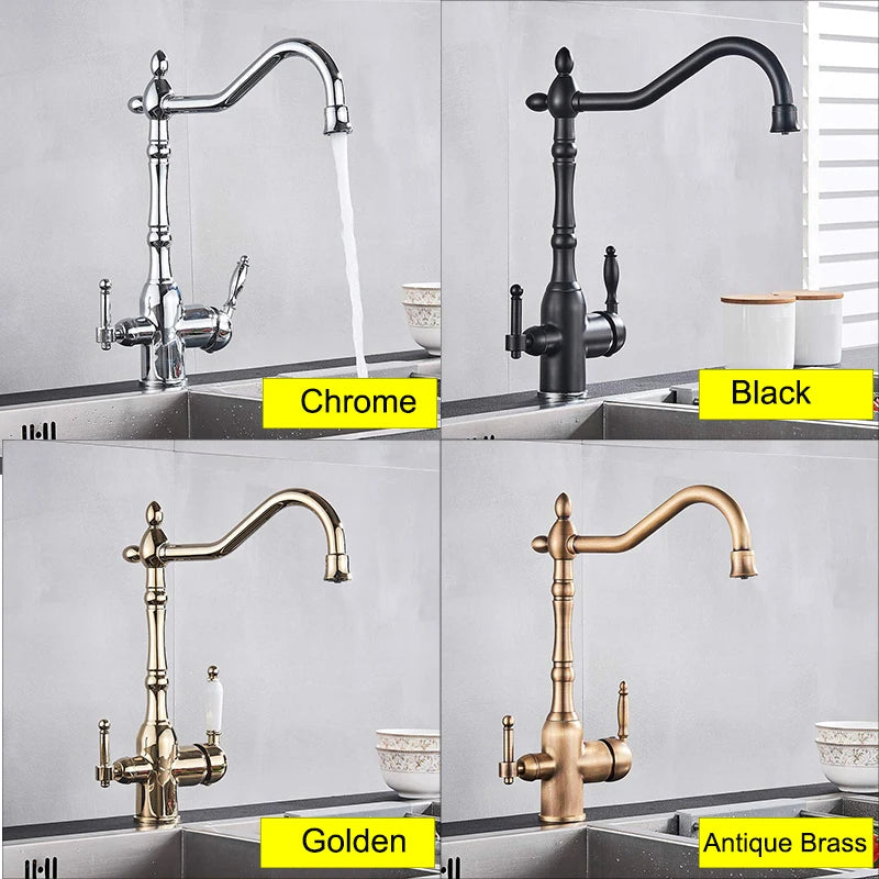 Golden Kitchen Filter Faucet Brass 360 Rotation Purification Kitchen Faucet Double Handle Dual Water Mode Hot Cold Mixer Taps