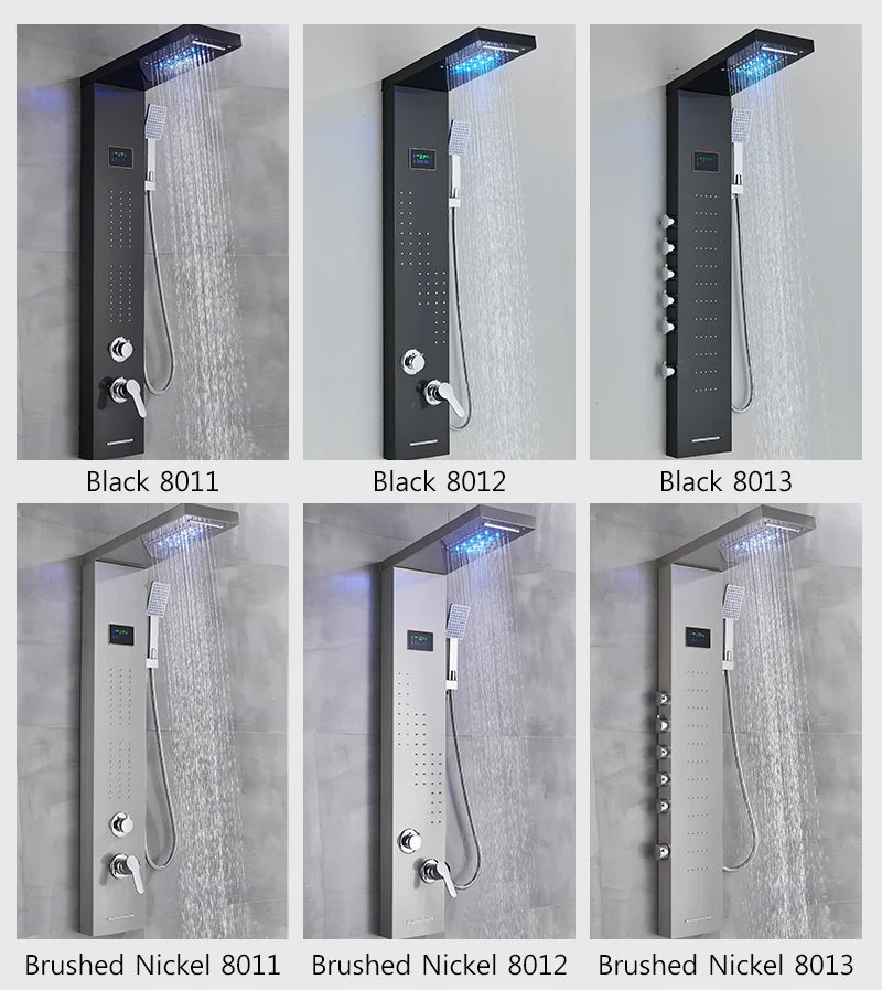 Bathroom LED Rain/Waterfall Head Shower Panel Digital Display Screen Massage Jets Waterfall Bath Tub Spout Shower Column