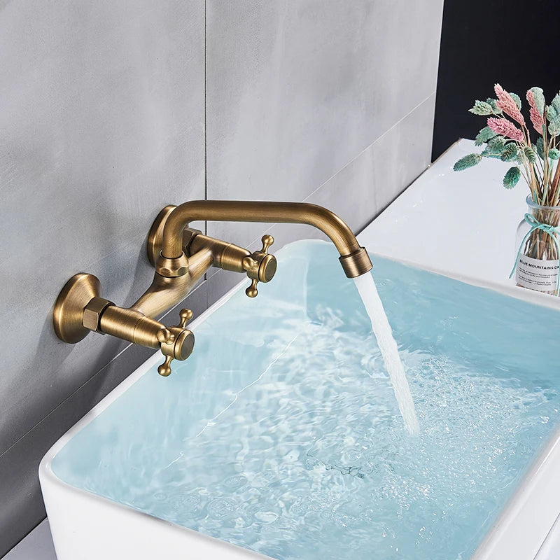 Antique Brass Kitchen Sink Faucet 360 Swivel Spout Hot and cold Bathroom Kitchen Mixer Crane Mop Pool Taps Dual Handle Faucet