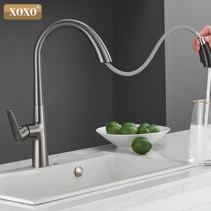 XOXO Kitchen Faucets Black Single Handle Pull Out Kitchen Tap Single Hole Handle Swivel 360 Degree Water Mixer Tap 83042QH