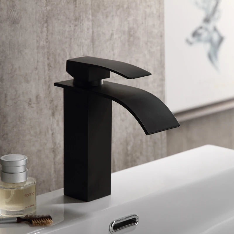 Matte Black Basin Faucet Waterfall Washbasin Vanity Above Counter Sink Faucet Hot & Cold Mixer Tap Deck Mounted Bathroom Crane