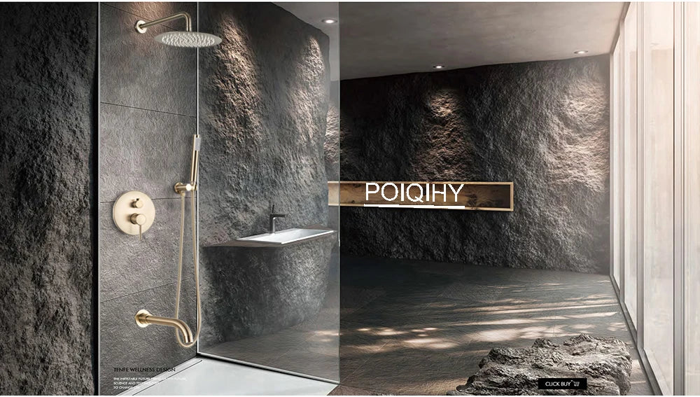 POIQIHY Brushed Gold Shower Faucet Embedded In Shower Mixer Tap Wall Mounted Bathroom Rainfall Shower Tap Set Brass 3-ways