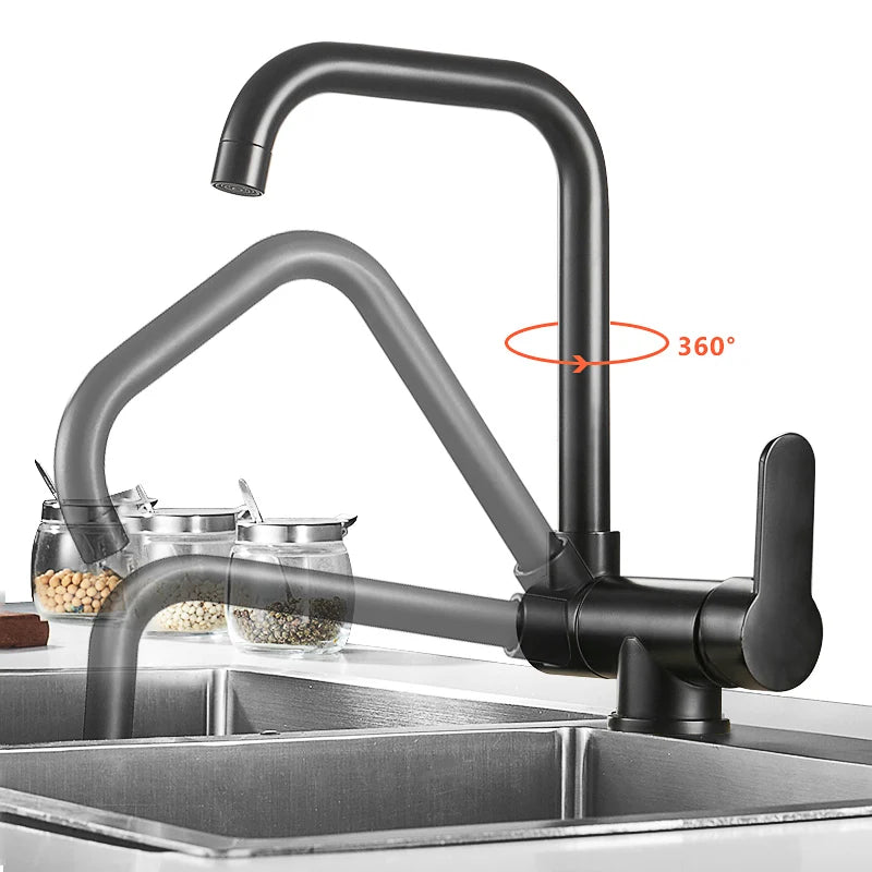 Black Kitchen Faucet 360° Rotating Fold Hot Cold Water Mixer Tap Deck Mount Sink Faucets 304 stainless steel quality Crane