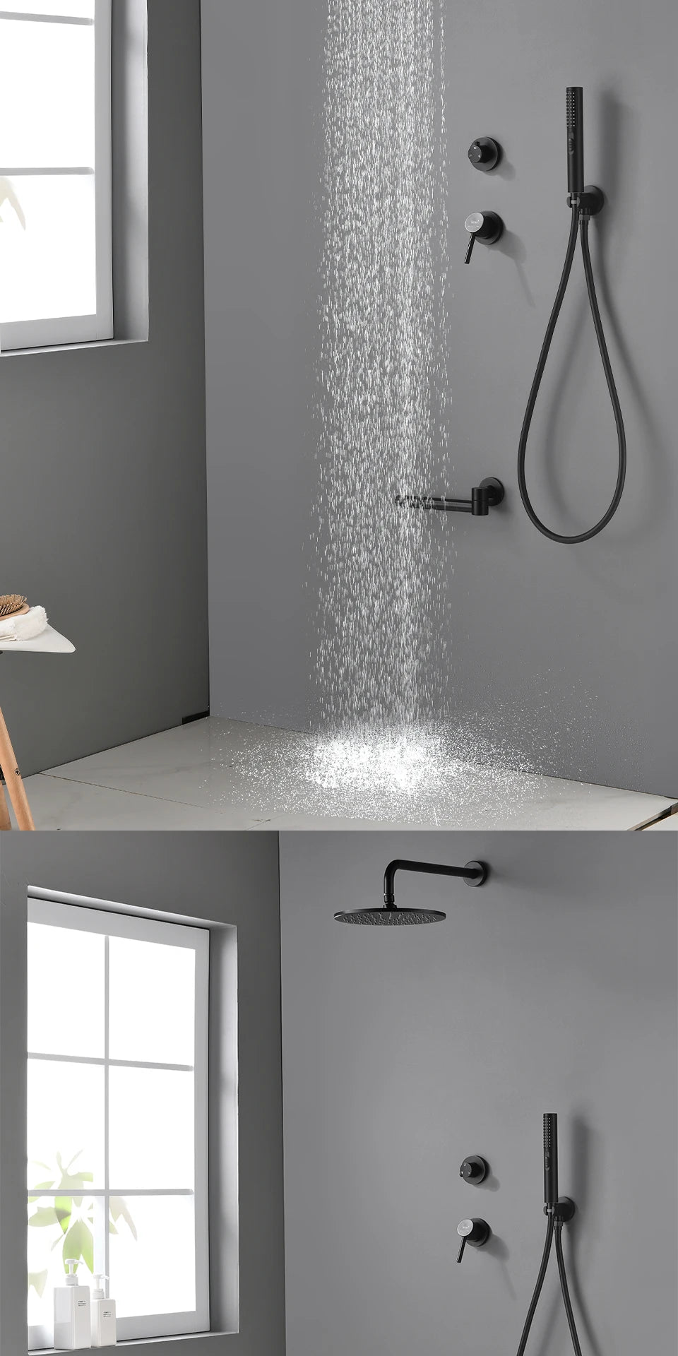 Bagnolux Brass Matte Black Wall Embed Mount 3-Function Concealed Shower System 10 Inch Top Rain Spray Bathroom Faucet