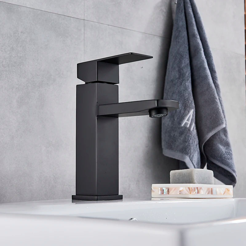 Black Deck Mounted Bathroom Basin Mixer Tap Square Single Handle Basin Vessel Sink Faucet Hot Cold Water Faucet for Basin