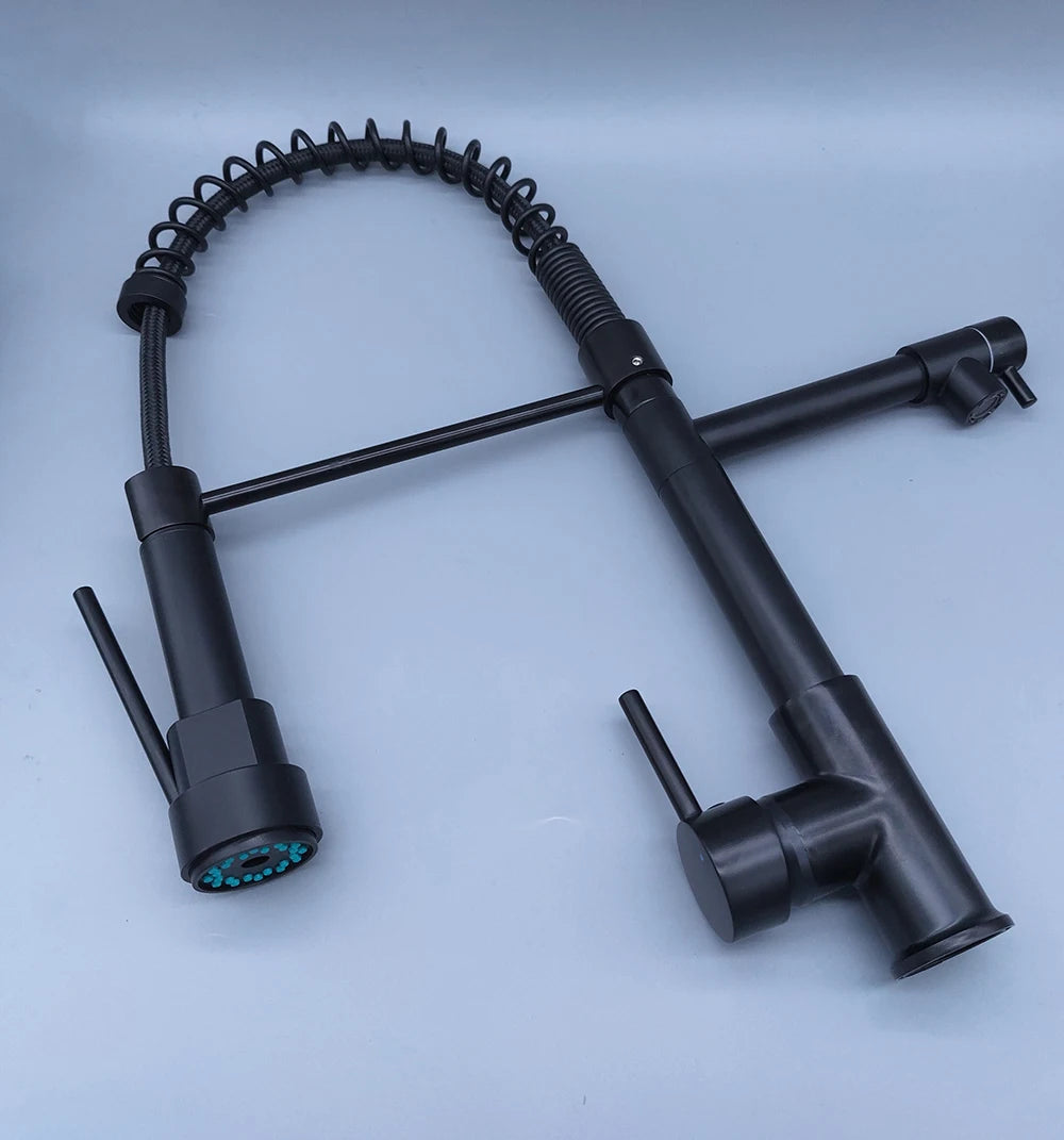 DQOK Black Brushed Spring Pull Down Kitchen Sink Faucet Hot & Cold Water Mixer Crane Tap with Dual Spout Deck Mounted
