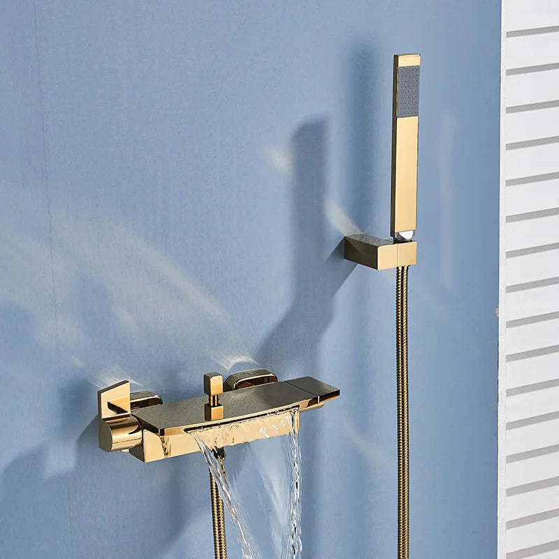 Bathroom Tub Faucet Single Handle Waterfall Spout Mixer Tap with Hand Shower Wall Mounted Bath Faucet Bathtub Faucet Water Mixer