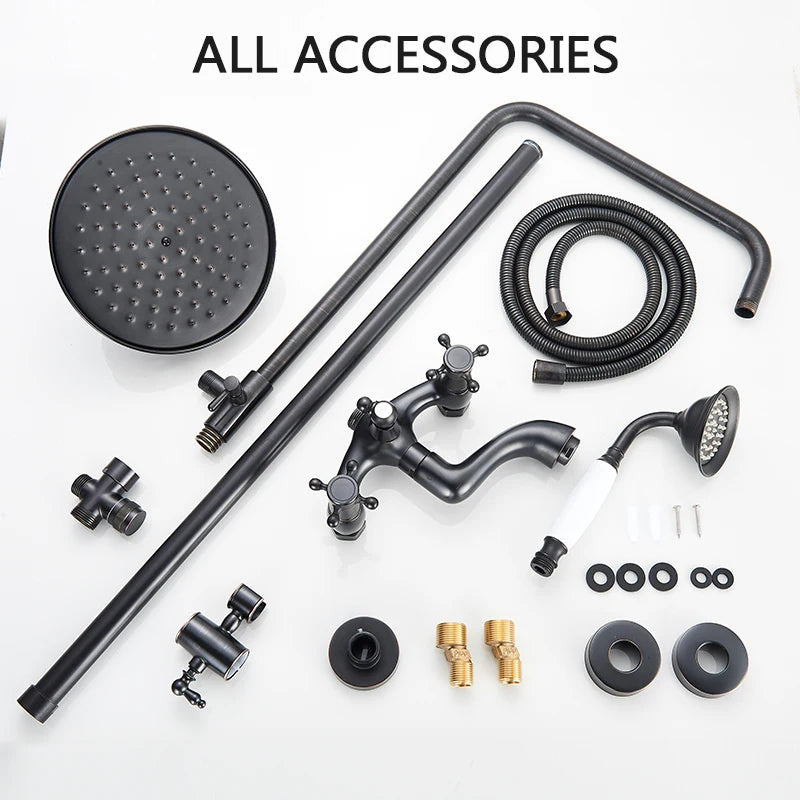 Bathroom Rainfall Shower Mixer Faucet Dual Handle Bath Shower Set Black Brass 8" Showerhead Shower Faucet System with Handshower