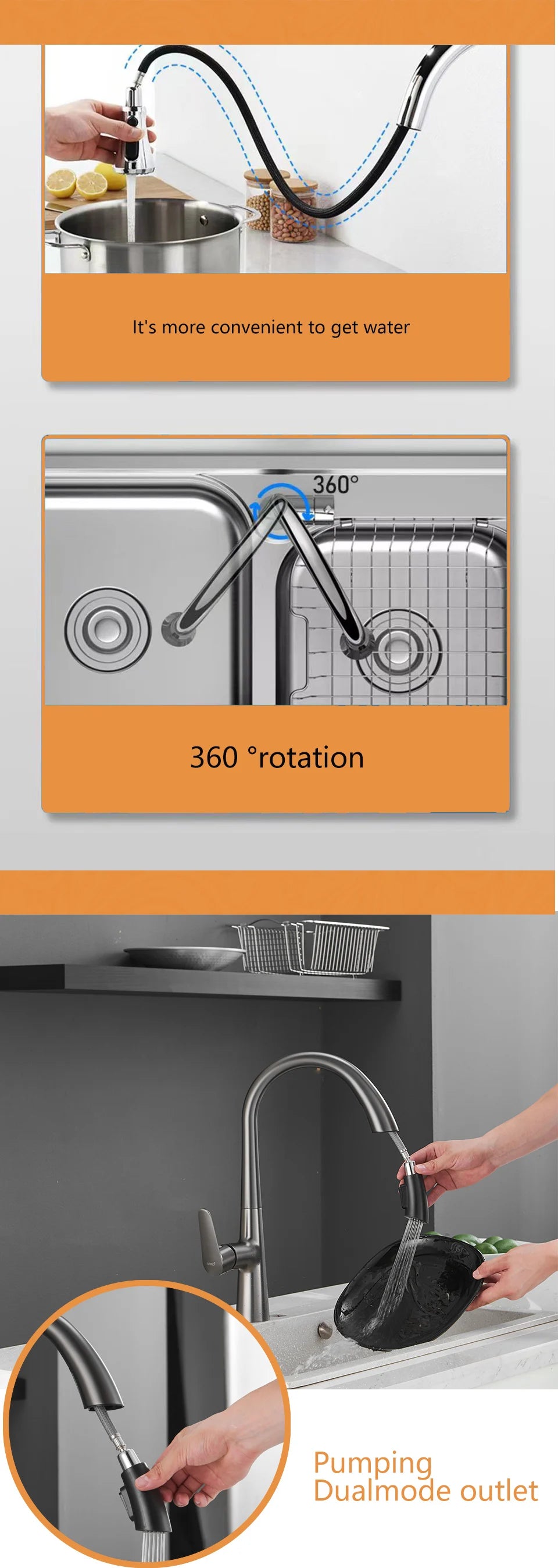 XOXO Kitchen Faucets Black Single Handle Pull Out Kitchen Tap Single Hole Handle Swivel 360 Degree Water Mixer Tap 83042QH