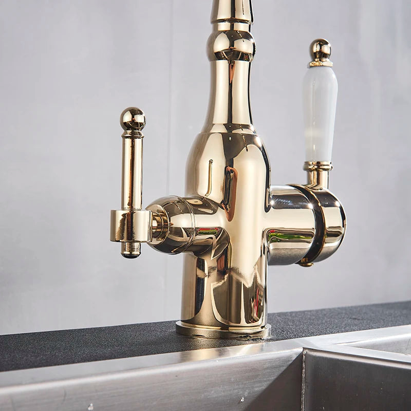 Golden Kitchen Filter Faucet Brass 360 Rotation Purification Kitchen Faucet Double Handle Dual Water Mode Hot Cold Mixer Taps