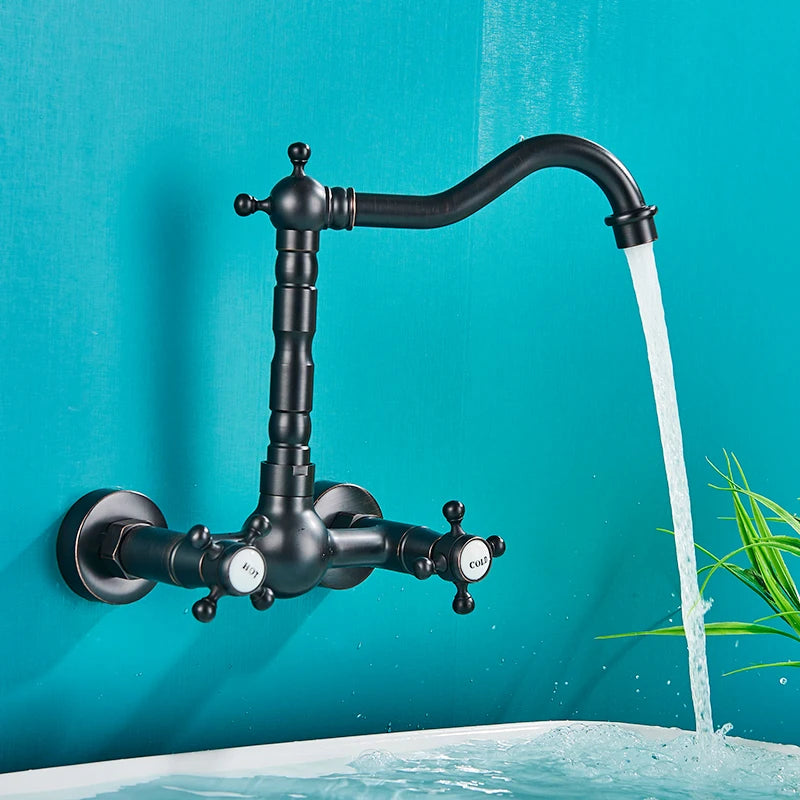 Rozin Black Basin Faucet Wall Mounted Dual Handles Bathroom Faucets Swivel Spout Antique Brass Crane Hot Cold Water Mixer Tap