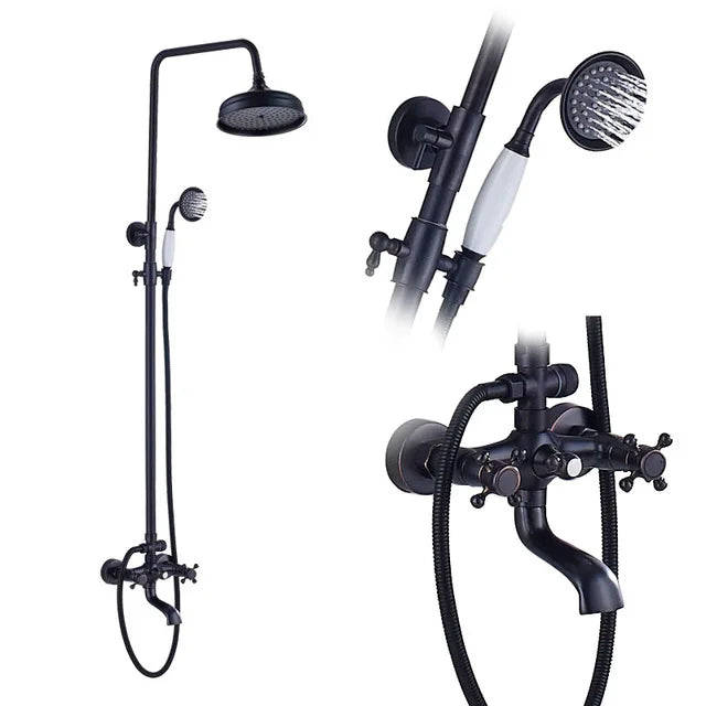 Bathroom Rainfall Shower Mixer Faucet Dual Handle Bath Shower Set Black Brass 8" Showerhead Shower Faucet System with Handshower