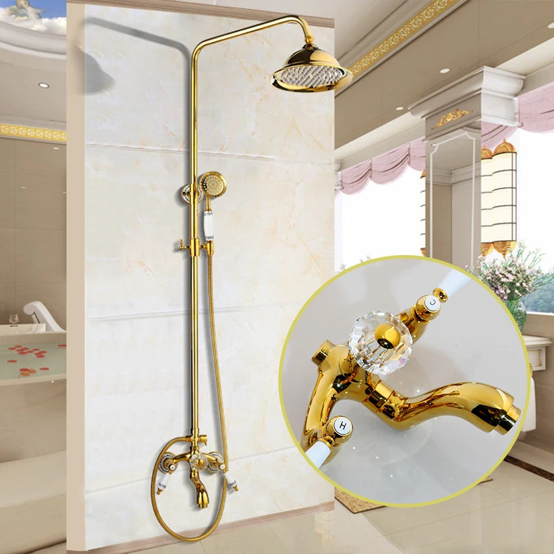 YANKSMART Gold Polished Bathroom Shower System Faucet Set Wall Mounted 3 Functions Rainfall Round Showers Head Mixer Water Tap