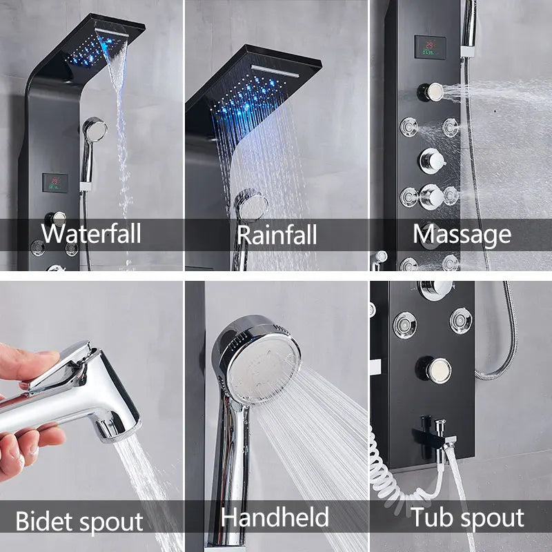 Black Shower Panel Column LED Bathroom Shower System