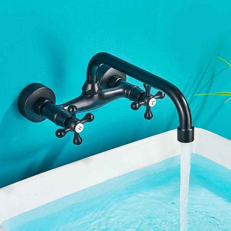 Rozin Black Basin Faucet Wall Mounted Dual Handles Bathroom Faucets Swivel Spout Antique Brass Crane Hot Cold Water Mixer Tap