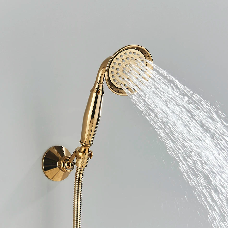 Luxury Golden Bathroom Swan Bathtub Faucet Wall Mounted Cold Hot Water Bath Shower Mixer Tap Brass Handshower Crystal handwheel