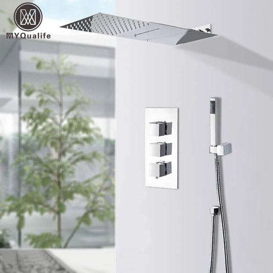 Modern Bathroom Rain Waterfall Shower Set Thermostatic Mixer Bath Shower Mixer Tap Brass Body