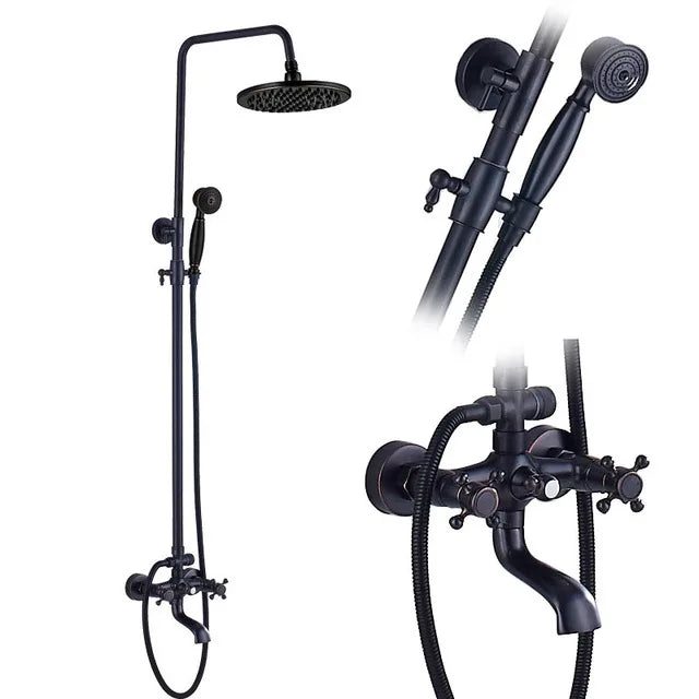 Bathroom Rainfall Shower Mixer Faucet Dual Handle Bath Shower Set Black Brass 8" Showerhead Shower Faucet System with Handshower