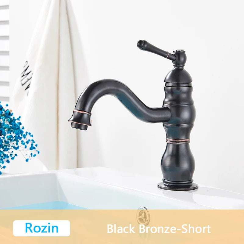 Rozin Antique Brass Basin Faucet 5 Colors Deck Mounted Single Handle Bathroom Crane Long Spout Lavatory Sink Hot Cold Mixer Tap