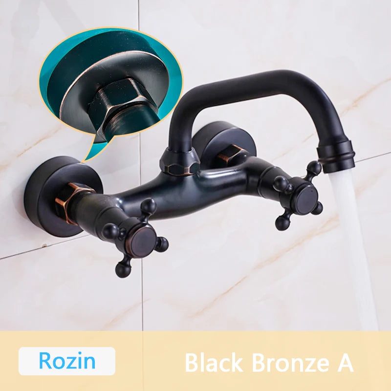 Rozin Black Basin Faucet Wall Mounted Dual Handles Bathroom Faucets Swivel Spout Antique Brass Crane Hot Cold Water Mixer Tap