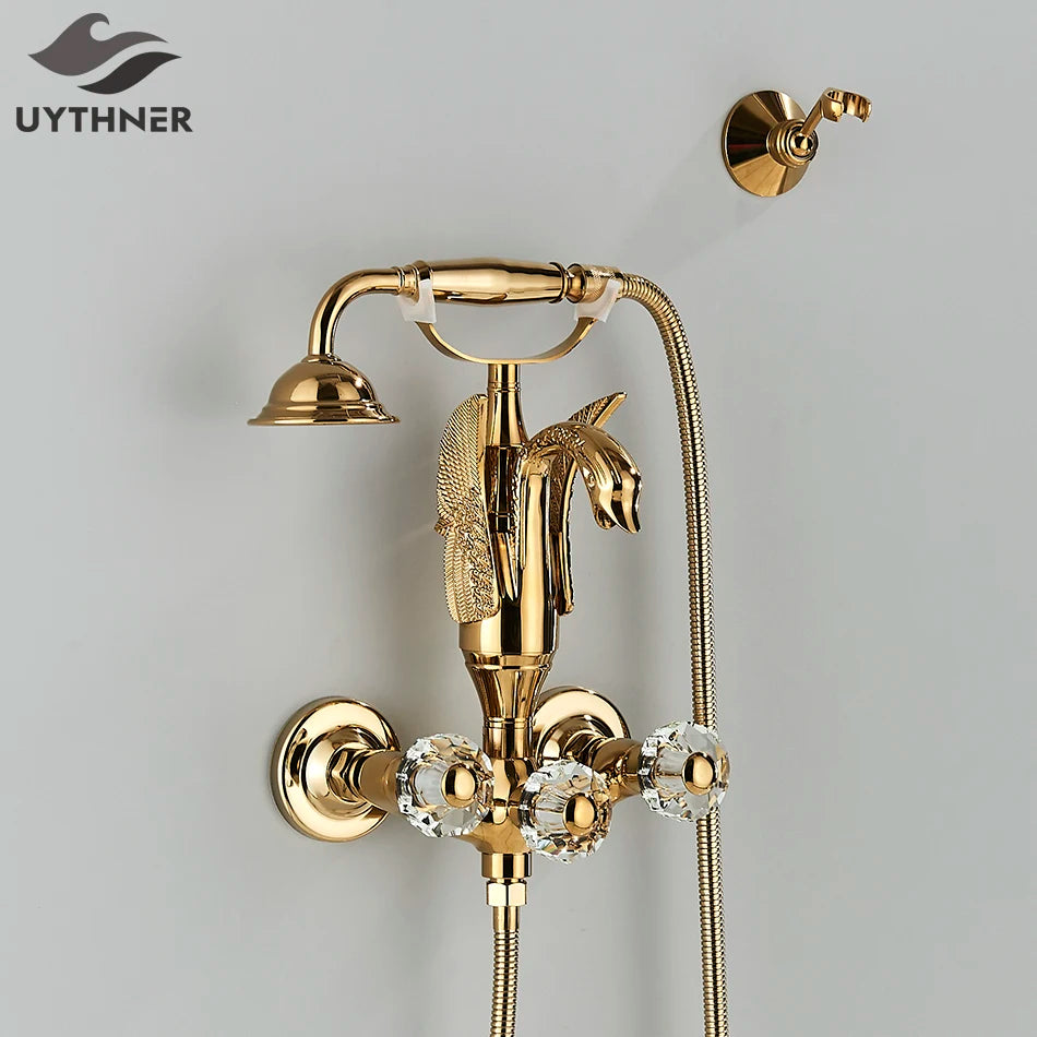 Luxury Golden Bathroom Swan Bathtub Faucet Wall Mounted Cold Hot Water Bath Shower Mixer Tap Brass Handshower Crystal handwheel