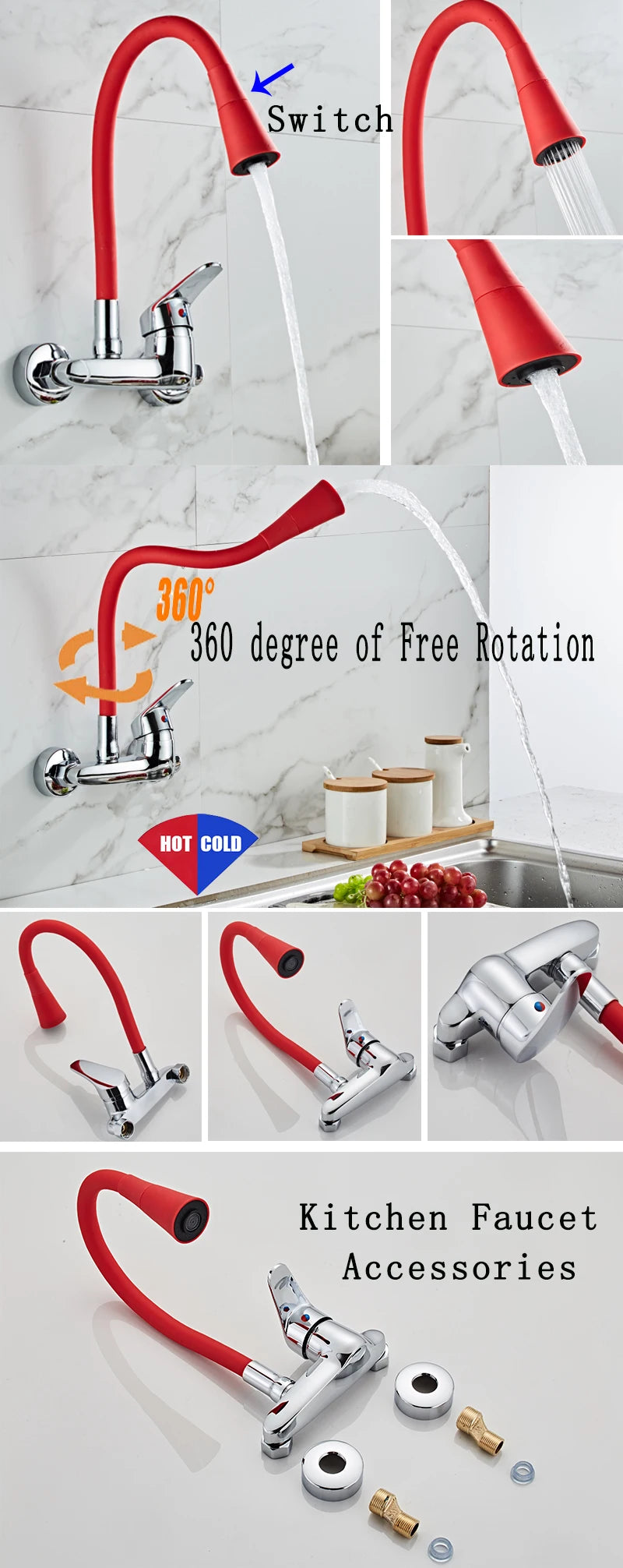 BAKALA RED color Wall Mounted Kitchen Faucet Wall Kitchen Mixers Kitchen Sink Tap 360 Degree Swivel Flexible Hose Double Holes