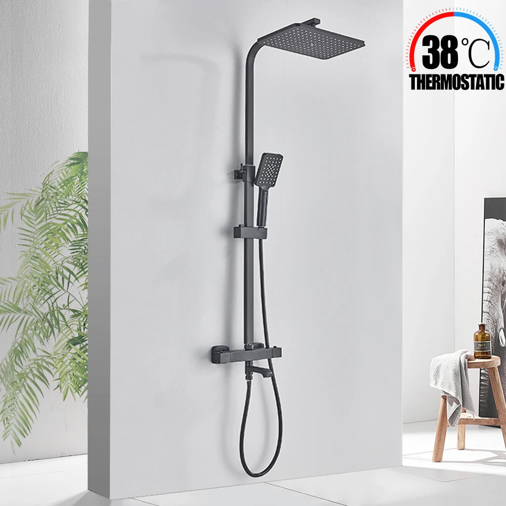 Black Thermostatic Shower Faucet Set 38℃ Rainfall Shower Mixer Crane Multifunctional Bathroom Faucet Bathtub Tap With Shelf