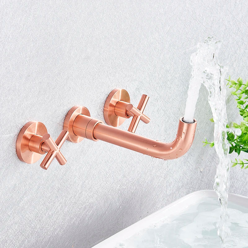 SHBSHAIMY Gold/Chrome Bathroom Basin Faucets Wall Mount Dual Handles Mixer Tap 360 Rotation Black Water Crane Tap Basin Mixer