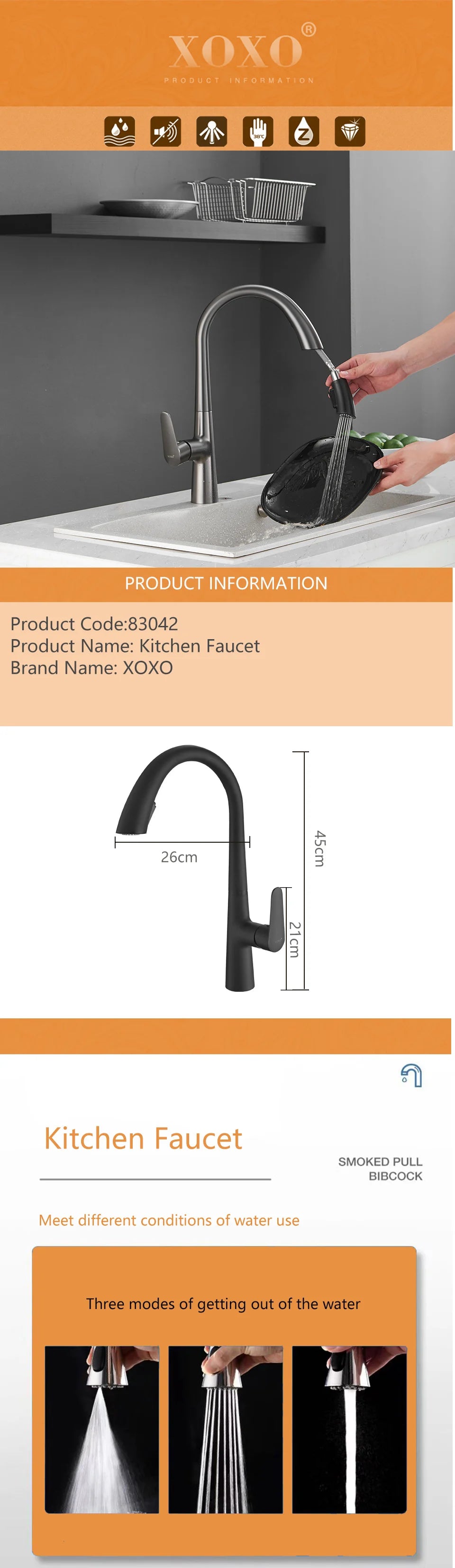 XOXO Kitchen Faucets Black Single Handle Pull Out Kitchen Tap Single Hole Handle Swivel 360 Degree Water Mixer Tap 83042QH