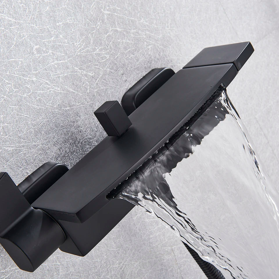 Bathroom Tub Faucet Single Handle Waterfall Spout Mixer Tap with Hand Shower Wall Mounted Bath Faucet Bathtub Faucet Water Mixer