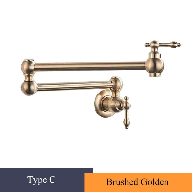 Brushed Gold Kitchen Faucet Wall Mount Bathroom Basin Faucet Cold Water Washing Tap Rotate Folding Spout Brass Vanity Sink Crane
