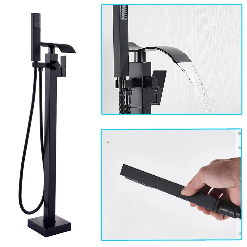 Luxury Matte Black Bathtub Faucet Freestanding Bathroom Tub Faucet  6 Types Spout Floor Mounted Bath Shower Mixer Tap