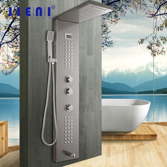 JIENI Brushed Nickel Wall Mounted Bathroom Shower Column 3 HandleS Hand Shower Tub Spout Massage System Bathtub Shower Panel
