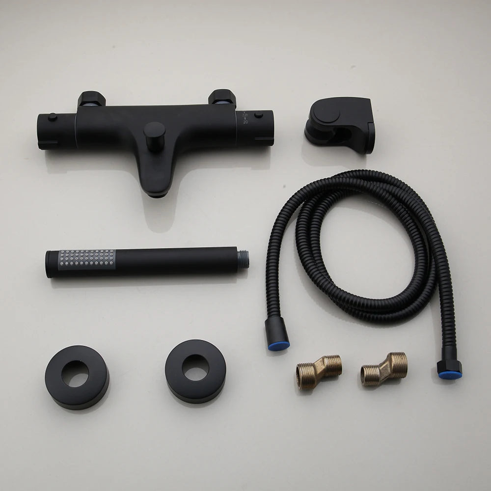 Monite Wall Mounted Thermostatic Mixer Taps Matte Black Shower Faucet Set Exposed Bathtub Basin Sink Faucet Hand Shower Set