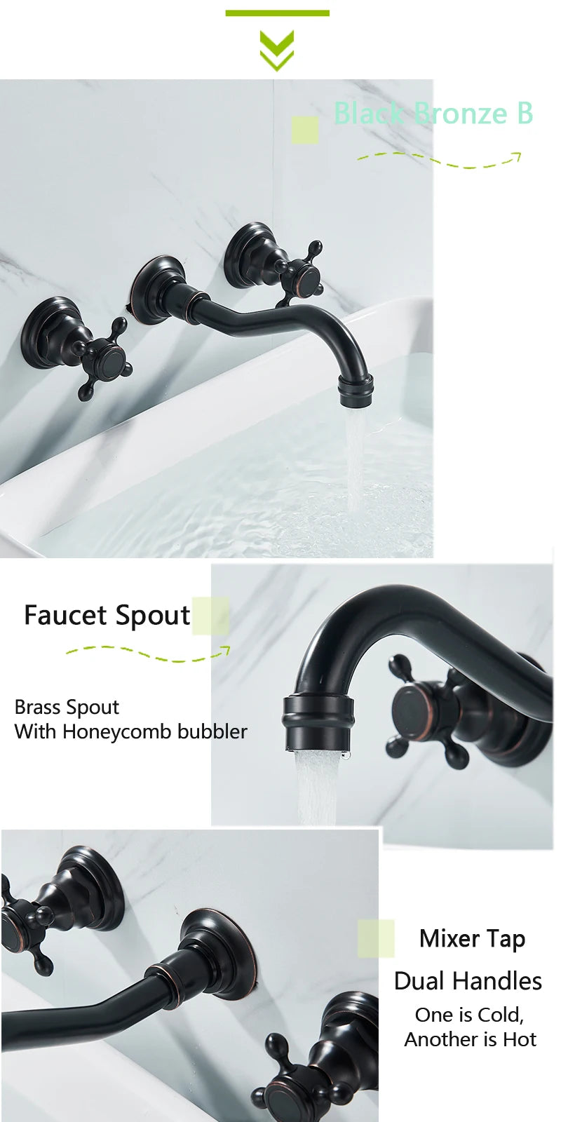 Rozin Black Basin Faucet Wall Mounted Dual Handles Bathroom Faucets Swivel Spout Antique Brass Crane Hot Cold Water Mixer Tap